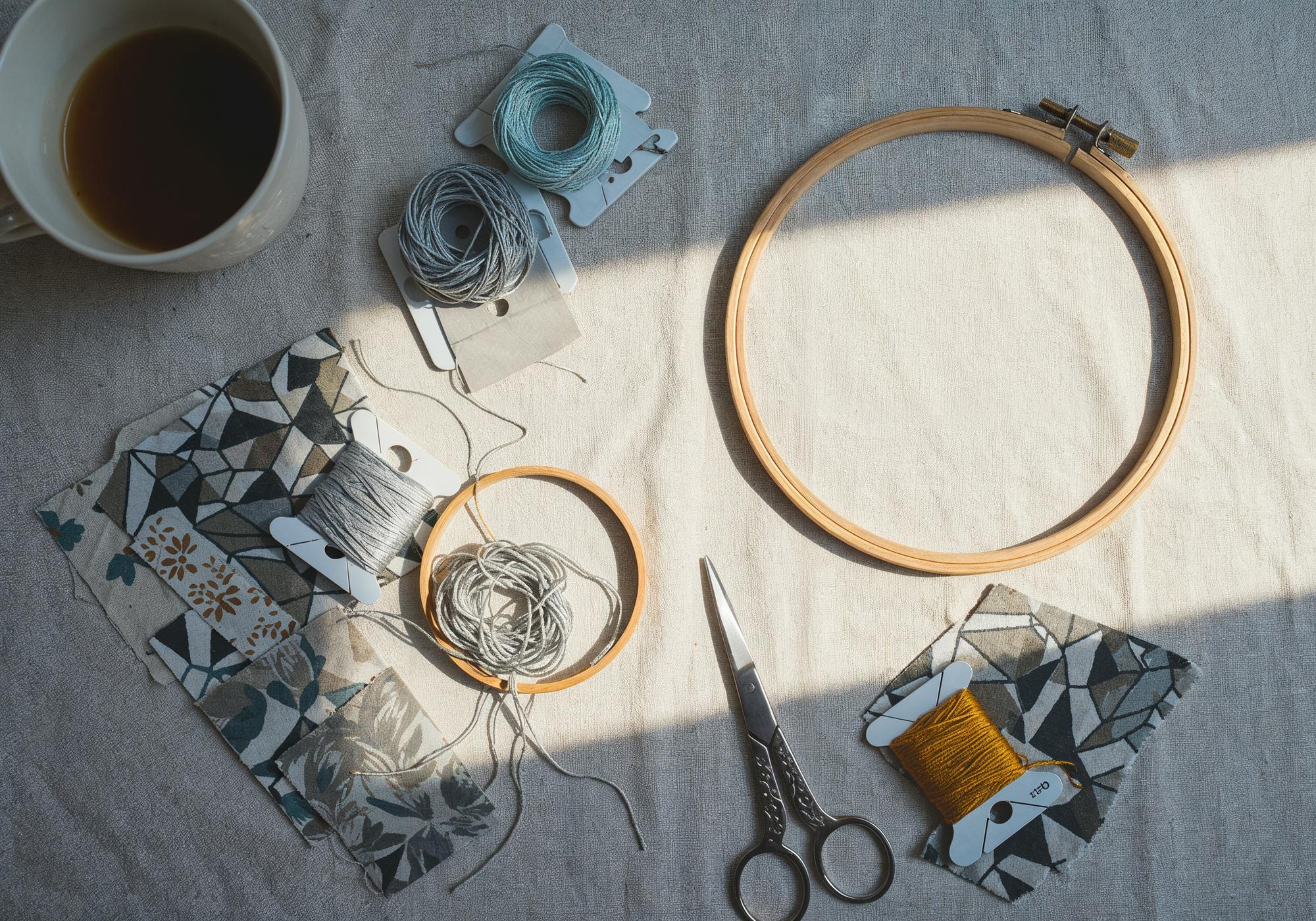 Studio table with threads and hoop
