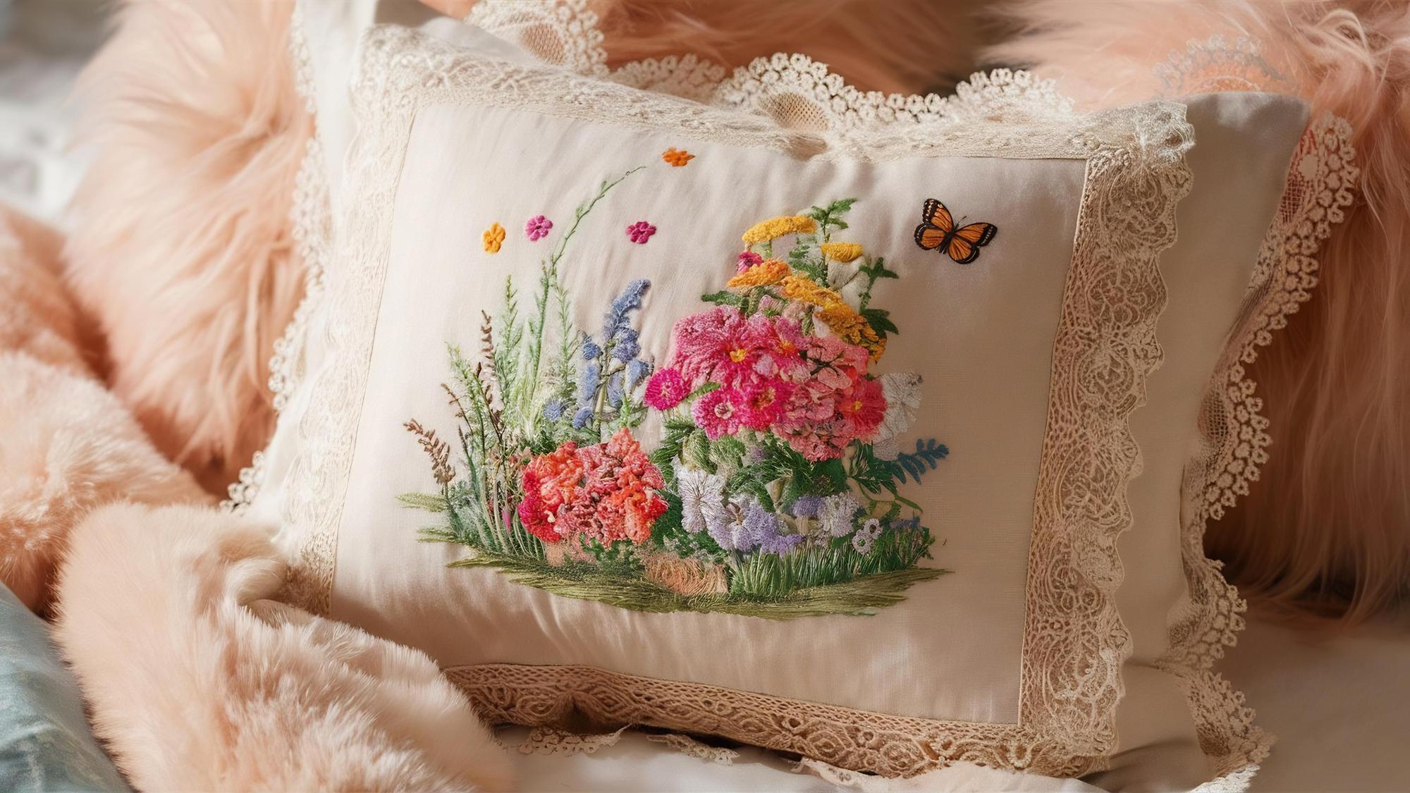 Linen cushion with botanical embroidery